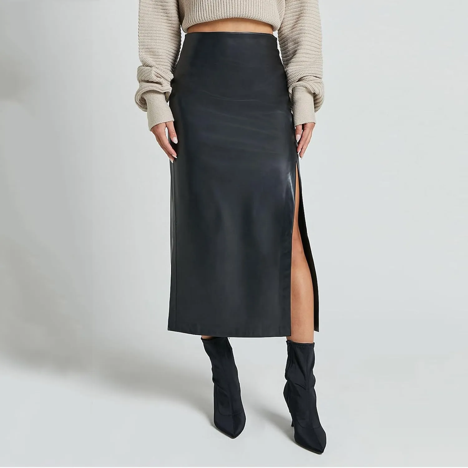 Womens Faux Leather Long Skirts Bodycon High Waist Slim-Fit PU Leather Skirt Sexy Side Slit Pencil Midi Skirts