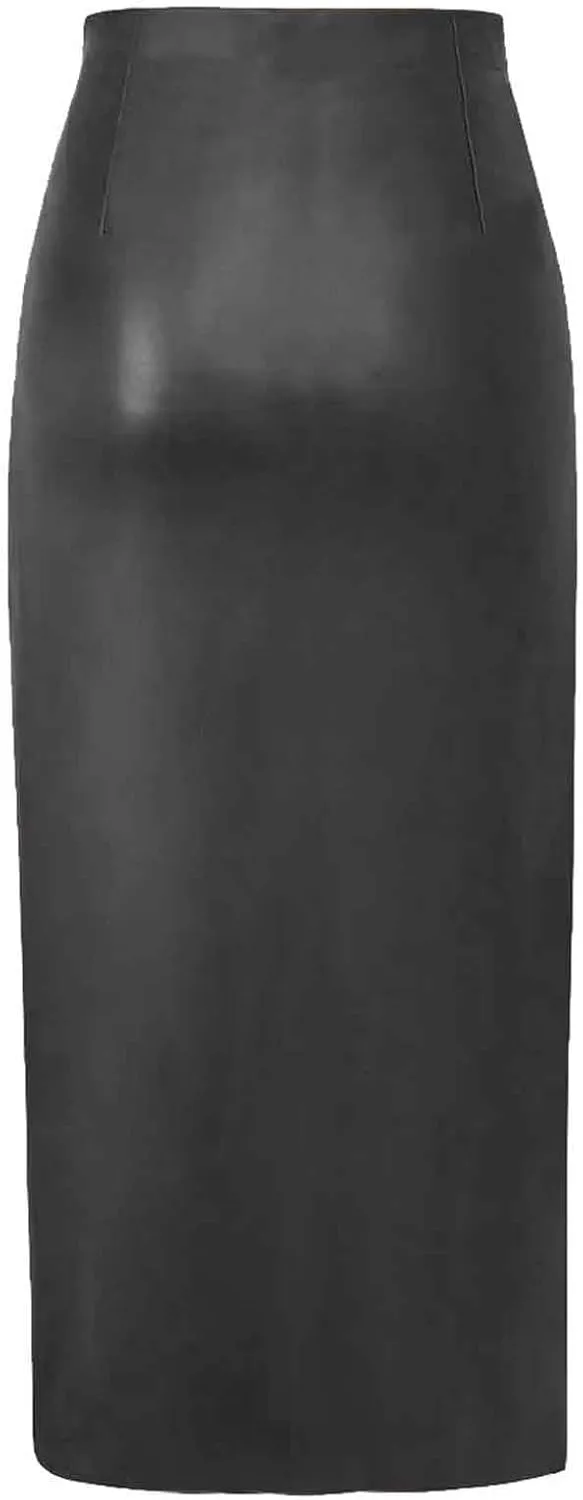 Womens Faux Leather Long Skirts Bodycon High Waist Slim-Fit PU Leather Skirt Sexy Side Slit Pencil Midi Skirts