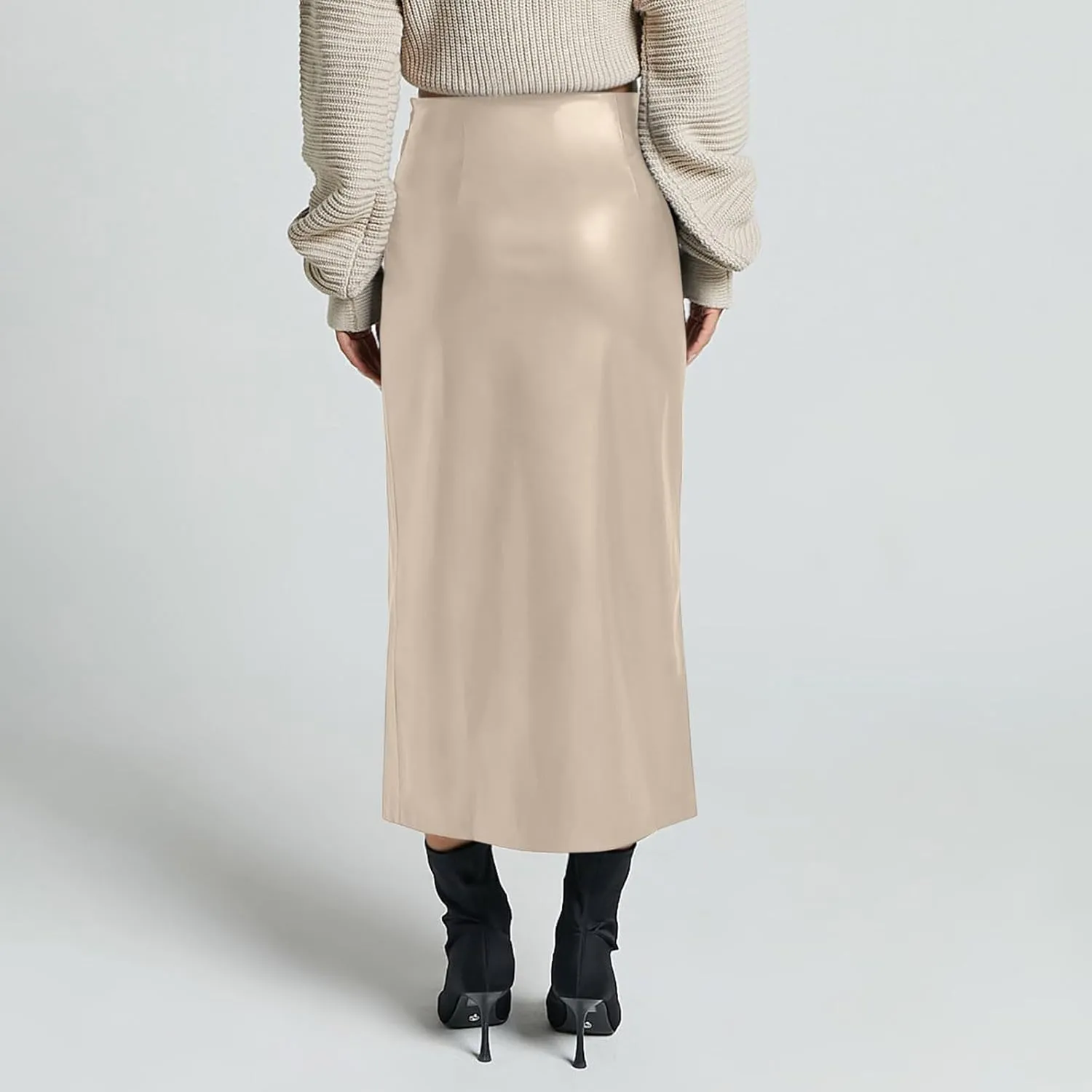 Womens Faux Leather Long Skirts Bodycon High Waist Slim-Fit PU Leather Skirt Sexy Side Slit Pencil Midi Skirts