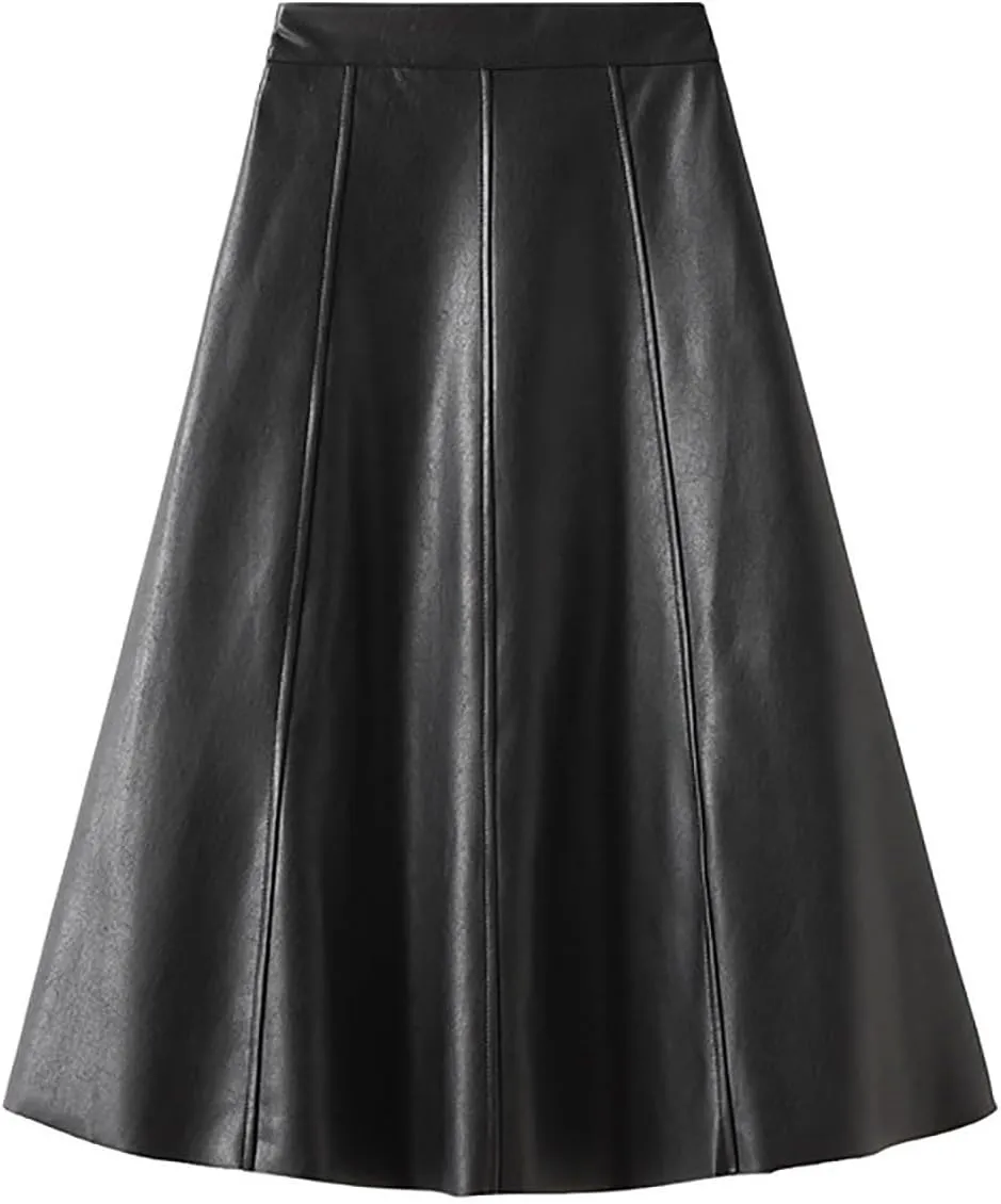 Women's Faux Leather Skirt High Waist Pleated Flare Midi Skirt Bodycon Wrap Midi Hip Skirts A Line Swing Skirts