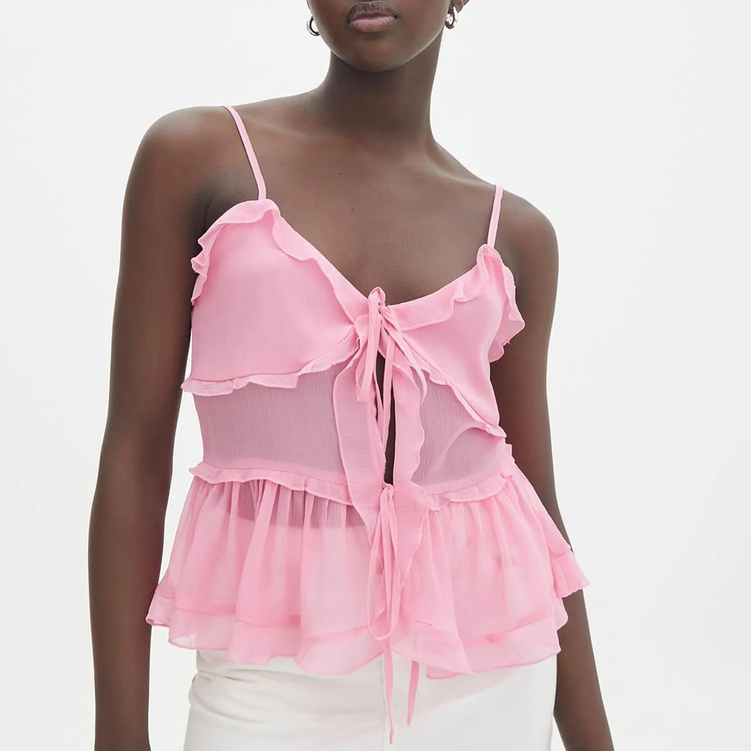 Womens Front Tie Tank Top Spaghetti Strap V Neck Camisole Sleeveless Backless Sheer Mesh Ruffle Crop Cami Tops