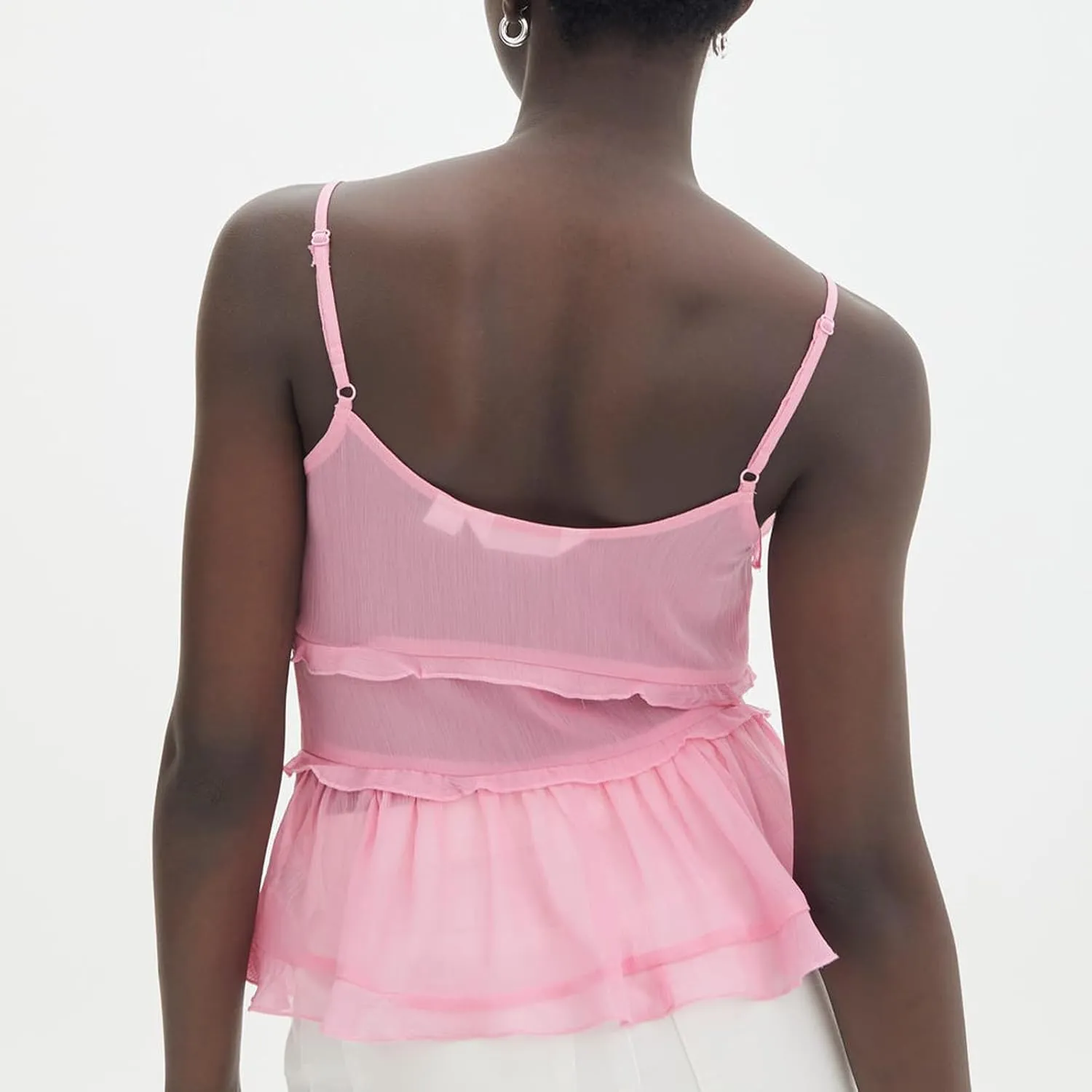 Womens Front Tie Tank Top Spaghetti Strap V Neck Camisole Sleeveless Backless Sheer Mesh Ruffle Crop Cami Tops