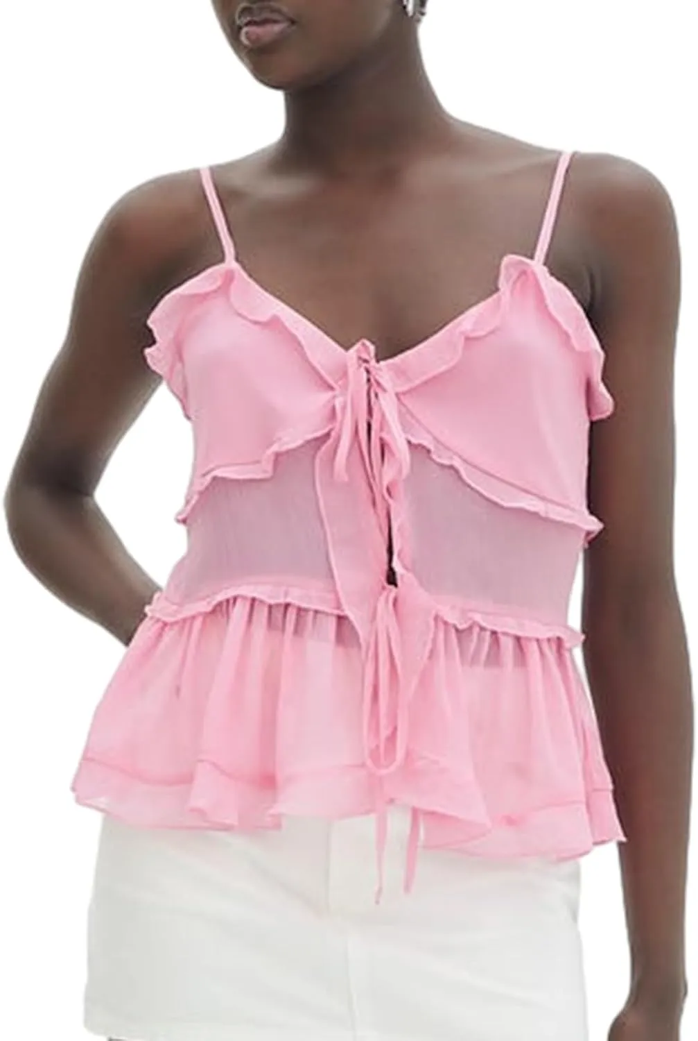 Womens Front Tie Tank Top Spaghetti Strap V Neck Camisole Sleeveless Backless Sheer Mesh Ruffle Crop Cami Tops