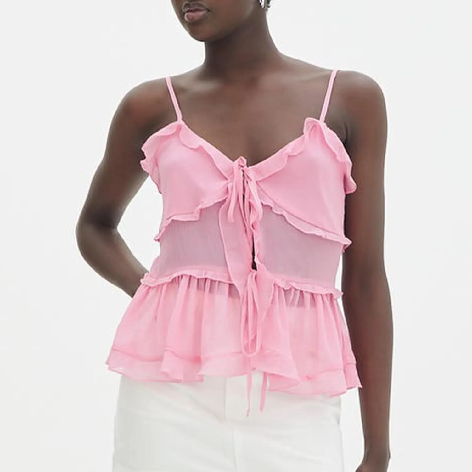 Womens Front Tie Tank Top Spaghetti Strap V Neck Camisole Sleeveless Backless Sheer Mesh Ruffle Crop Cami Tops