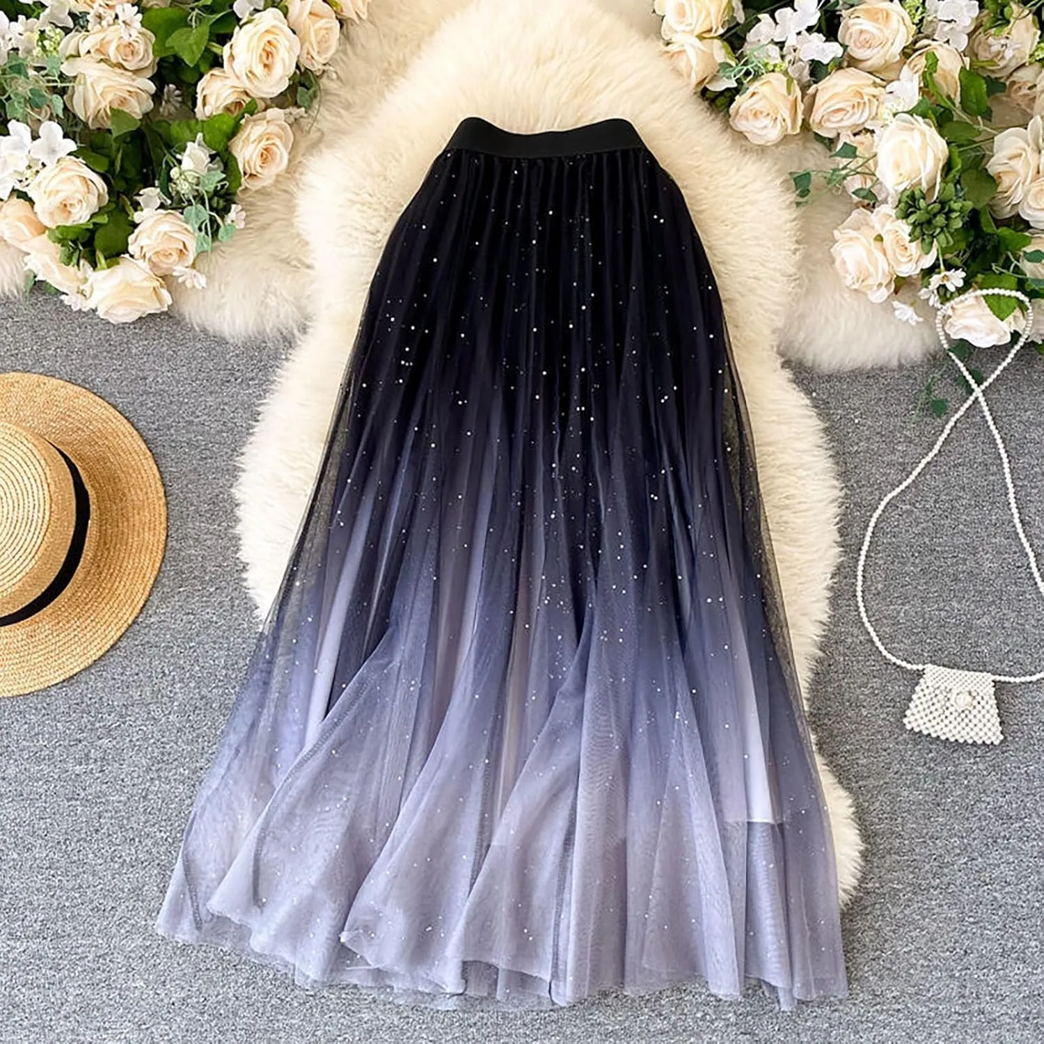 Women's High Waist Tulle Skirt A Line Mesh Midi Skirt Knee Length Pleated Skirt Long Tulle Skirt
