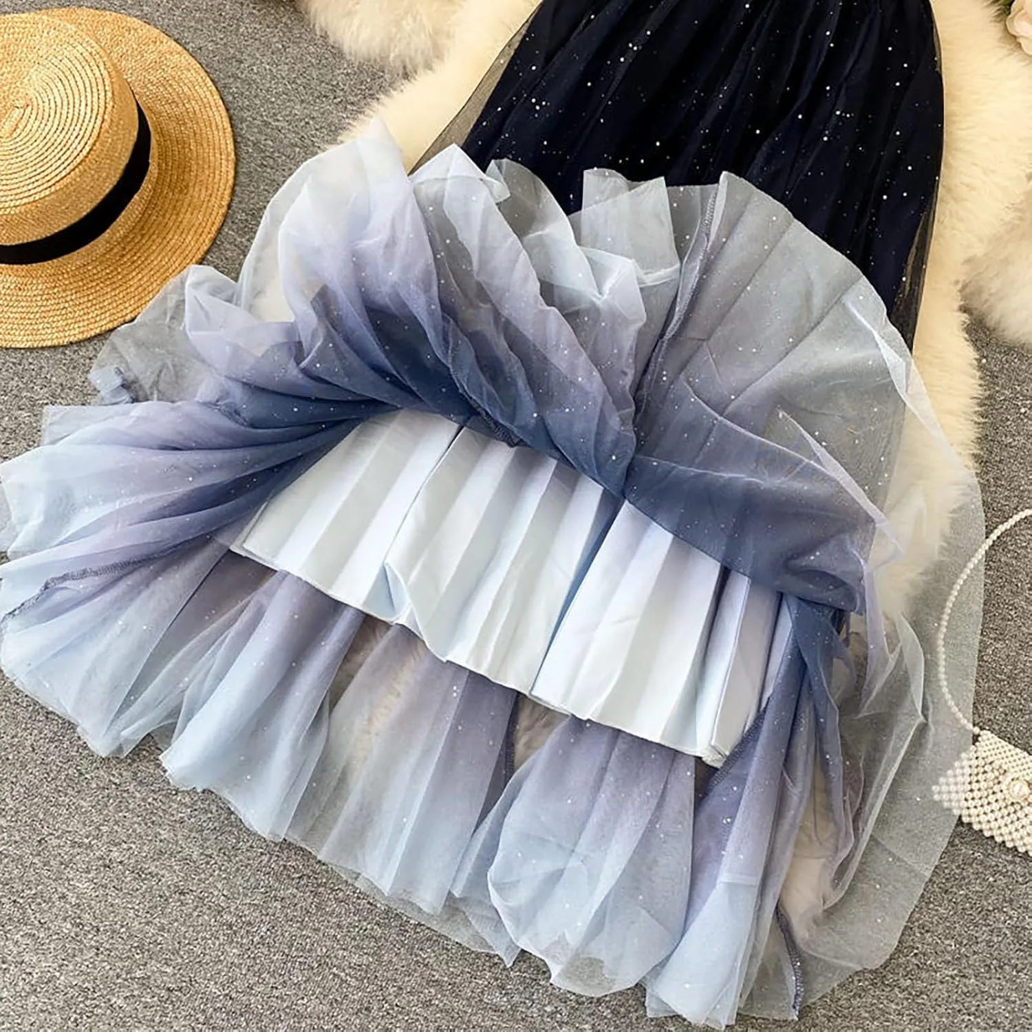 Women's High Waist Tulle Skirt A Line Mesh Midi Skirt Knee Length Pleated Skirt Long Tulle Skirt