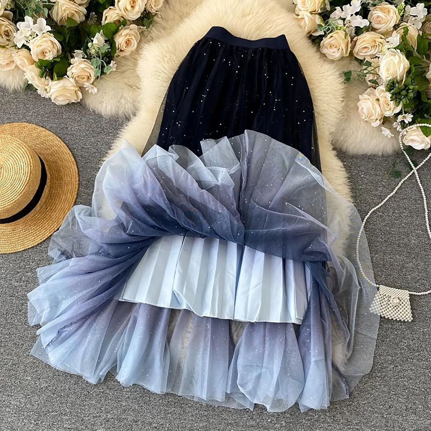 Women's High Waist Tulle Skirt A Line Mesh Midi Skirt Knee Length Pleated Skirt Long Tulle Skirt