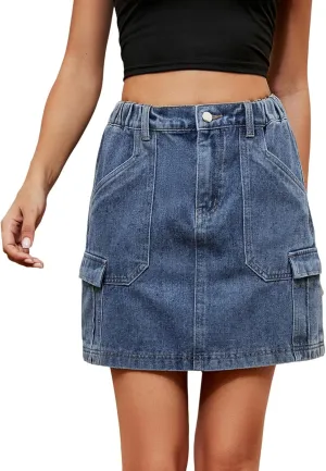 Women's High Waisted Cargo Mini Skirts Pocket Denim Skirt Pencil Skirt Stretchy Casual Skirt Pocket Skirt Short