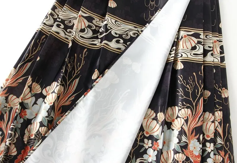 Women's Horse Face Skirt Long Swing Pleated Tie Up A-Line Skirt Chinese Style Women Skirts  Hair Tie