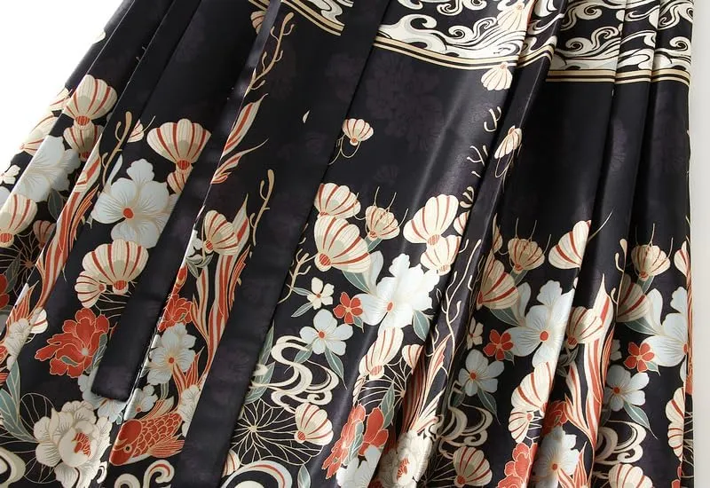 Women's Horse Face Skirt Long Swing Pleated Tie Up A-Line Skirt Chinese Style Women Skirts  Hair Tie