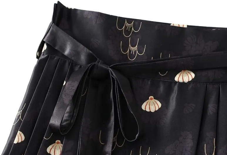 Women's Horse Face Skirt Long Swing Pleated Tie Up A-Line Skirt Chinese Style Women Skirts  Hair Tie