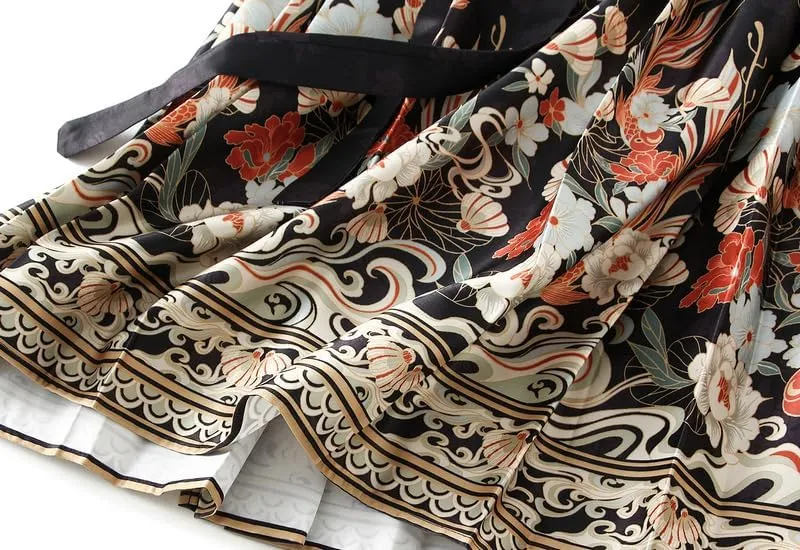 Women's Horse Face Skirt Long Swing Pleated Tie Up A-Line Skirt Chinese Style Women Skirts  Hair Tie