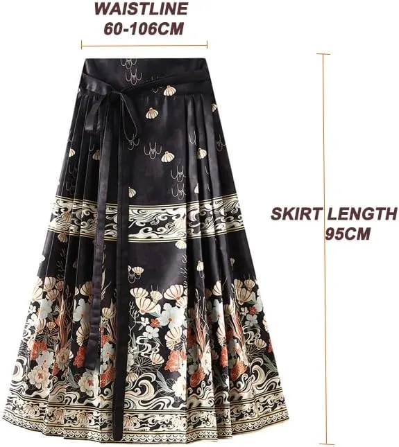 Women's Horse Face Skirt Long Swing Pleated Tie Up A-Line Skirt Chinese Style Women Skirts  Hair Tie