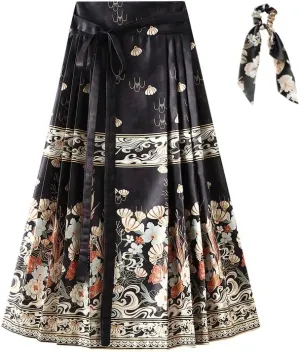Women's Horse Face Skirt Long Swing Pleated Tie Up A-Line Skirt Chinese Style Women Skirts  Hair Tie