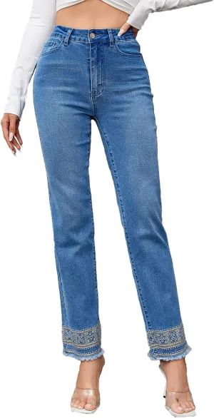 Women's Jeans Mid Waisted Straight Leg Stretchy Jeans Wash Embroidery Raw Hem Edge Ankle Denim Pants with Pockets