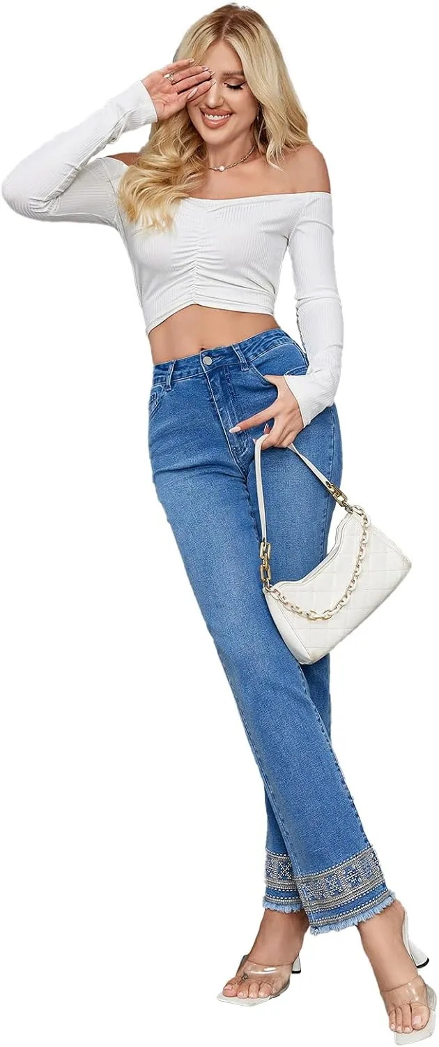 Women's Jeans Mid Waisted Straight Leg Stretchy Jeans Wash Embroidery Raw Hem Edge Ankle Denim Pants with Pockets