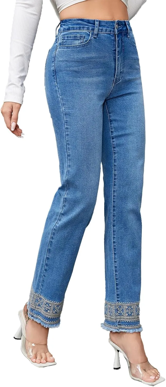 Women's Jeans Mid Waisted Straight Leg Stretchy Jeans Wash Embroidery Raw Hem Edge Ankle Denim Pants with Pockets