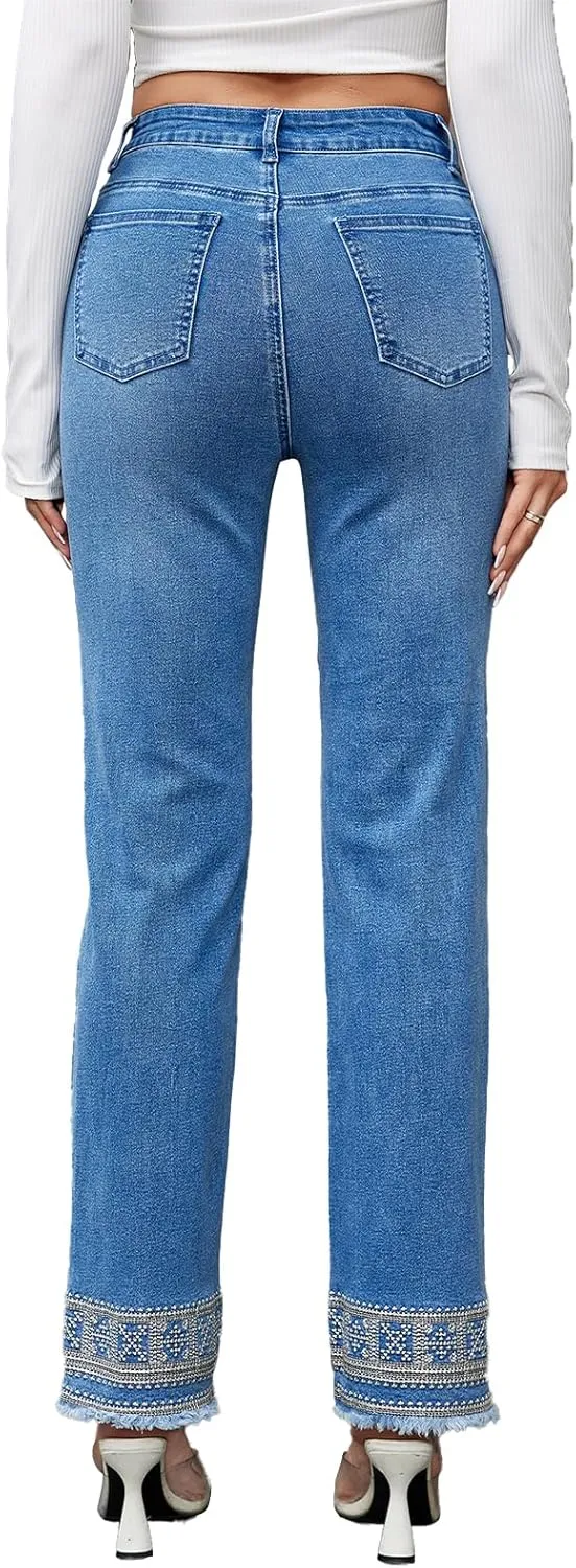 Women's Jeans Mid Waisted Straight Leg Stretchy Jeans Wash Embroidery Raw Hem Edge Ankle Denim Pants with Pockets