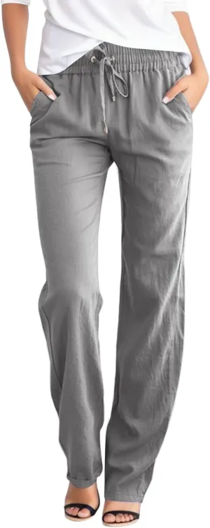 Womens Linen Pants Straight Leg High Waist Casual Pants Loose Fit Yoga Pants Summer Lightweight Trousers with Pockets
