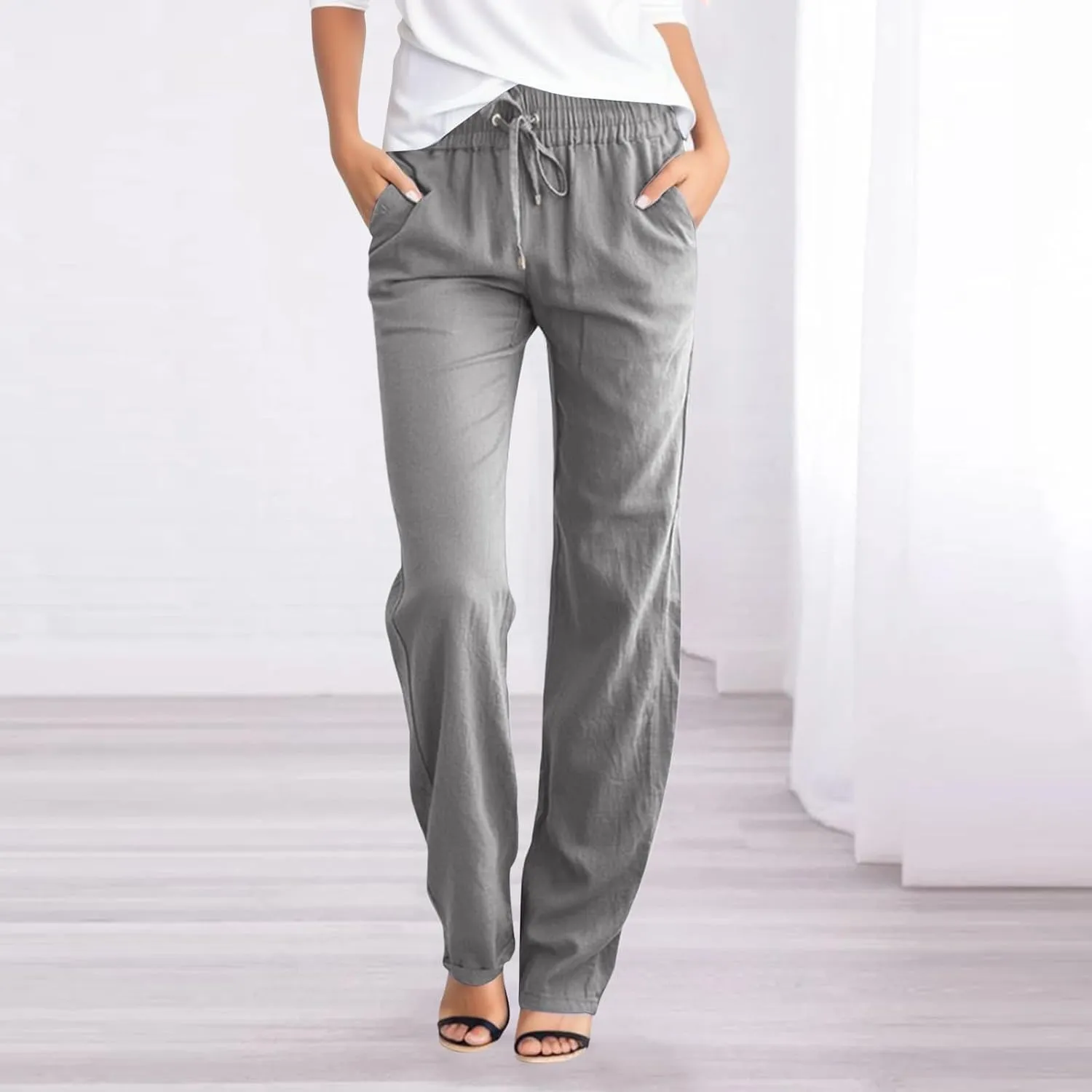 Womens Linen Pants Straight Leg High Waist Casual Pants Loose Fit Yoga Pants Summer Lightweight Trousers with Pockets