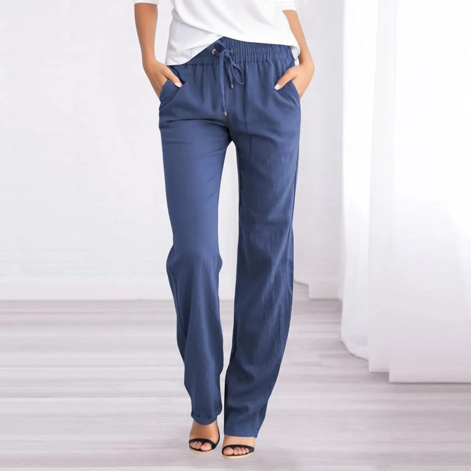 Womens Linen Pants Straight Leg High Waist Casual Pants Loose Fit Yoga Pants Summer Lightweight Trousers with Pockets