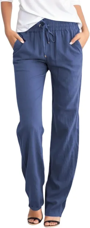 Womens Linen Pants Straight Leg High Waist Casual Pants Loose Fit Yoga Pants Summer Lightweight Trousers with Pockets