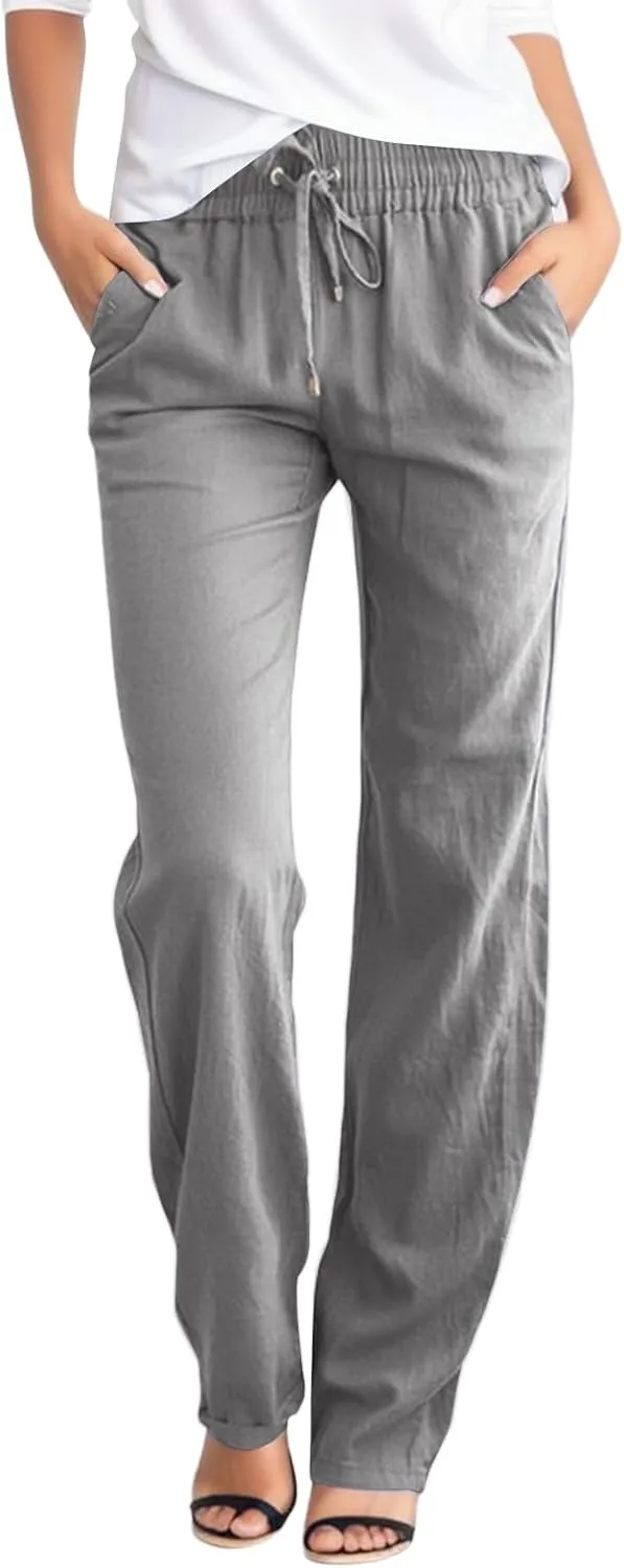 Womens Linen Pants Straight Leg High Waist Casual Pants Loose Fit Yoga Pants Summer Lightweight Trousers with Pockets