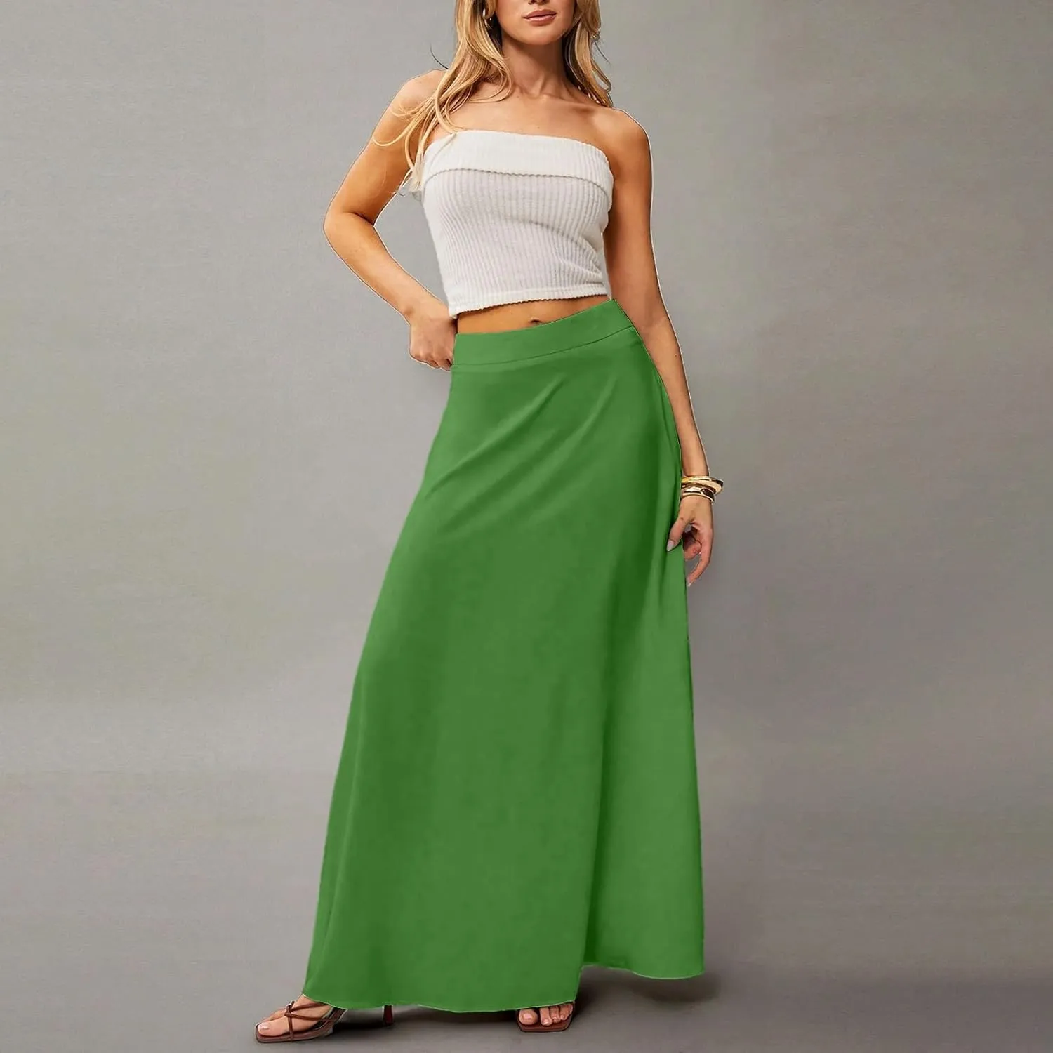 Women's Long Skirts Fall High Waisted Stretchy Solid Flowy Soft Beach Maxi Skirt, S-2XL