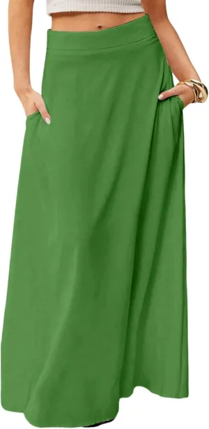 Women's Long Skirts Fall High Waisted Stretchy Solid Flowy Soft Beach Maxi Skirt, S-2XL