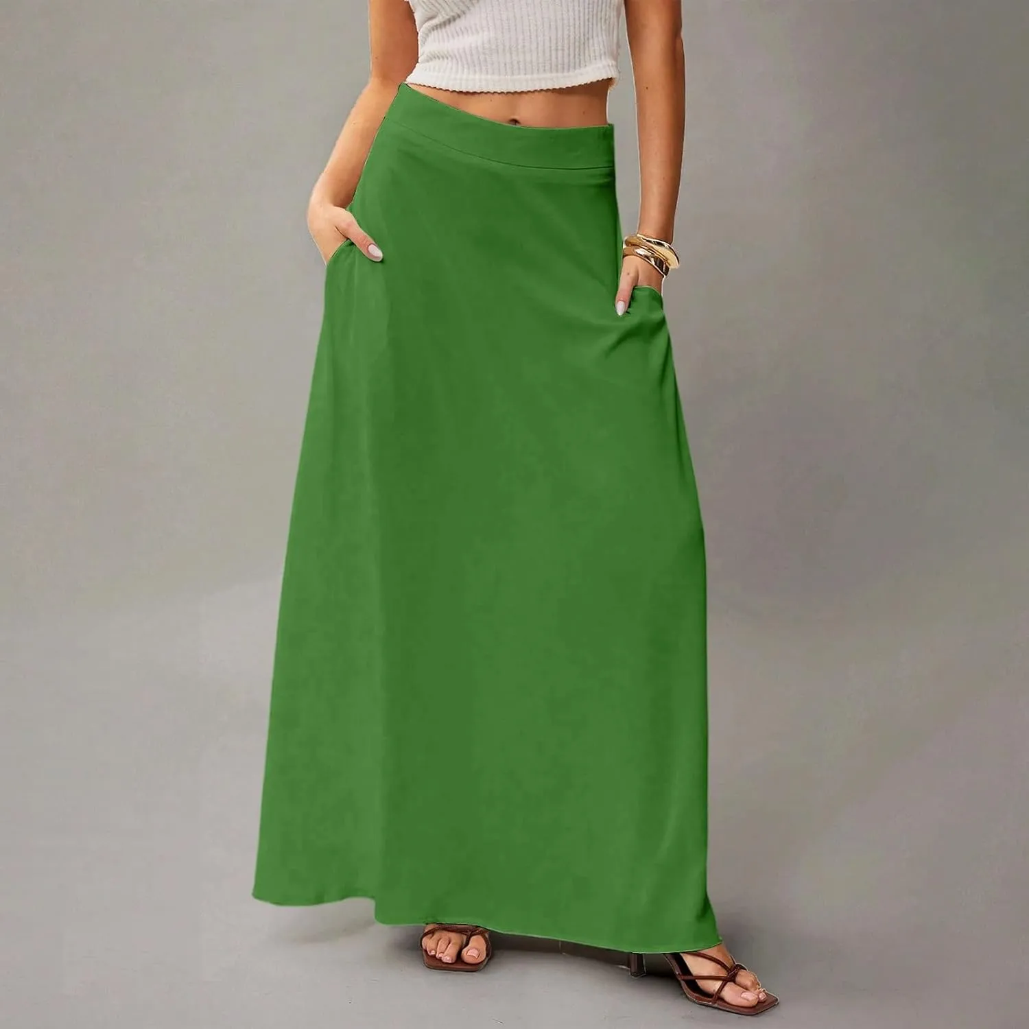 Women's Long Skirts Fall High Waisted Stretchy Solid Flowy Soft Beach Maxi Skirt, S-2XL
