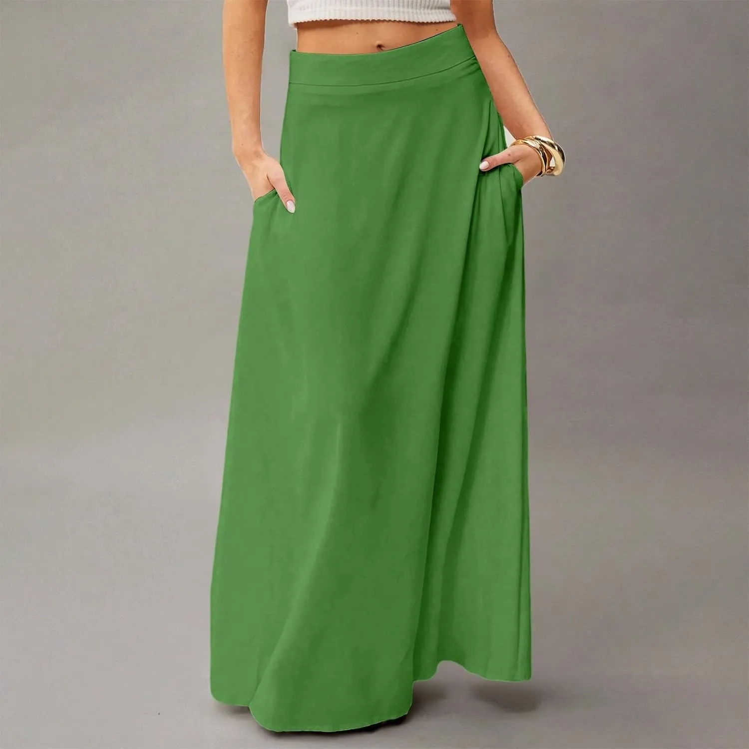 Women's Long Skirts Fall High Waisted Stretchy Solid Flowy Soft Beach Maxi Skirt, S-2XL