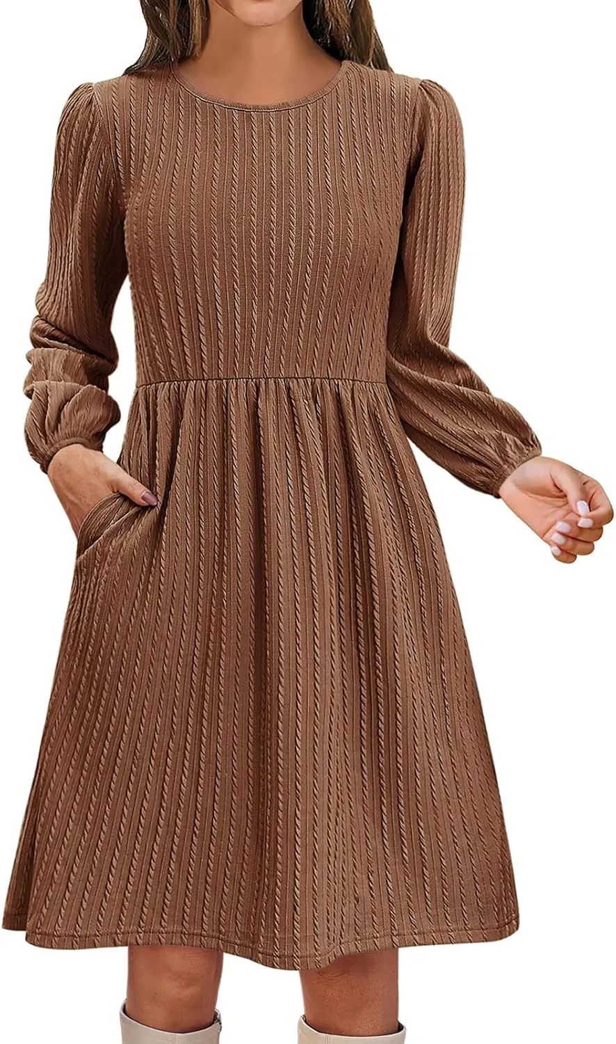 Womens Long Sleeve Knit Sweater Dress Casual Fall Winter Crewneck Mini Dresses A-Line Knee Length Dress