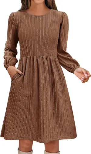 Womens Long Sleeve Knit Sweater Dress Casual Fall Winter Crewneck Mini Dresses A-Line Knee Length Dress