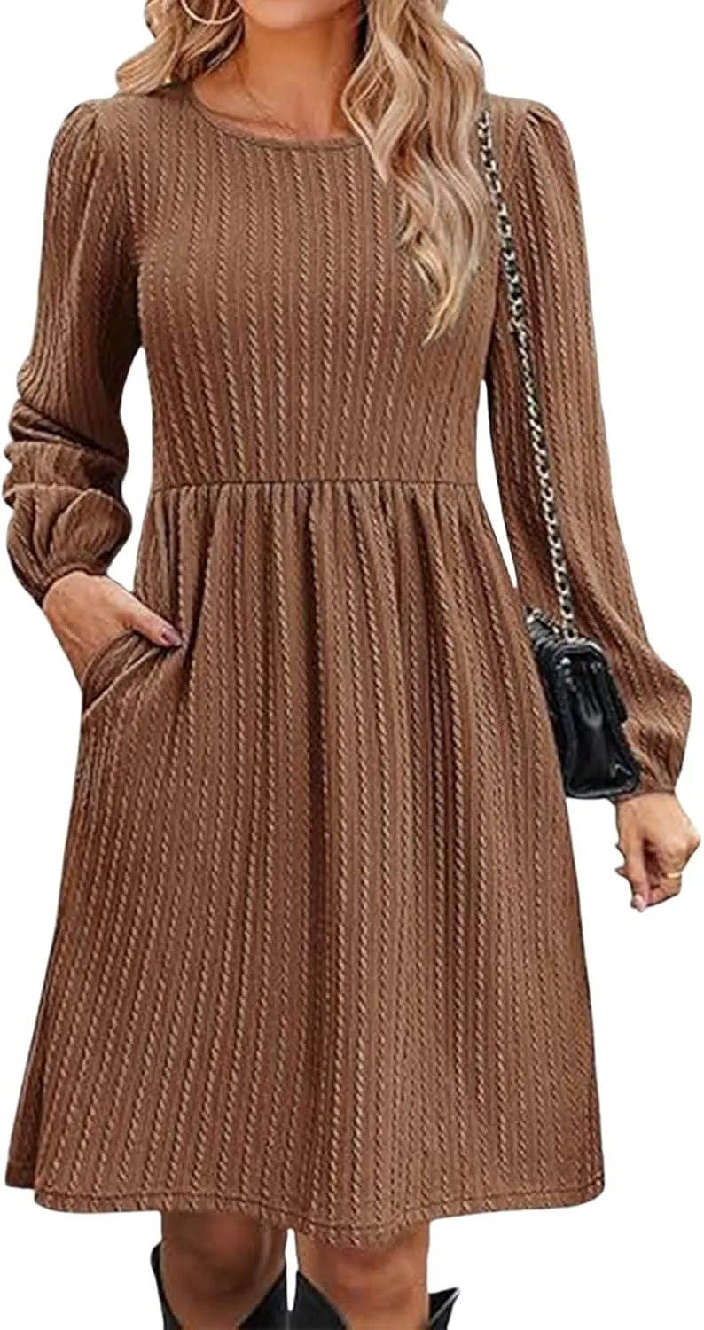 Womens Long Sleeve Knit Sweater Dress Casual Fall Winter Crewneck Mini Dresses A-Line Knee Length Dress
