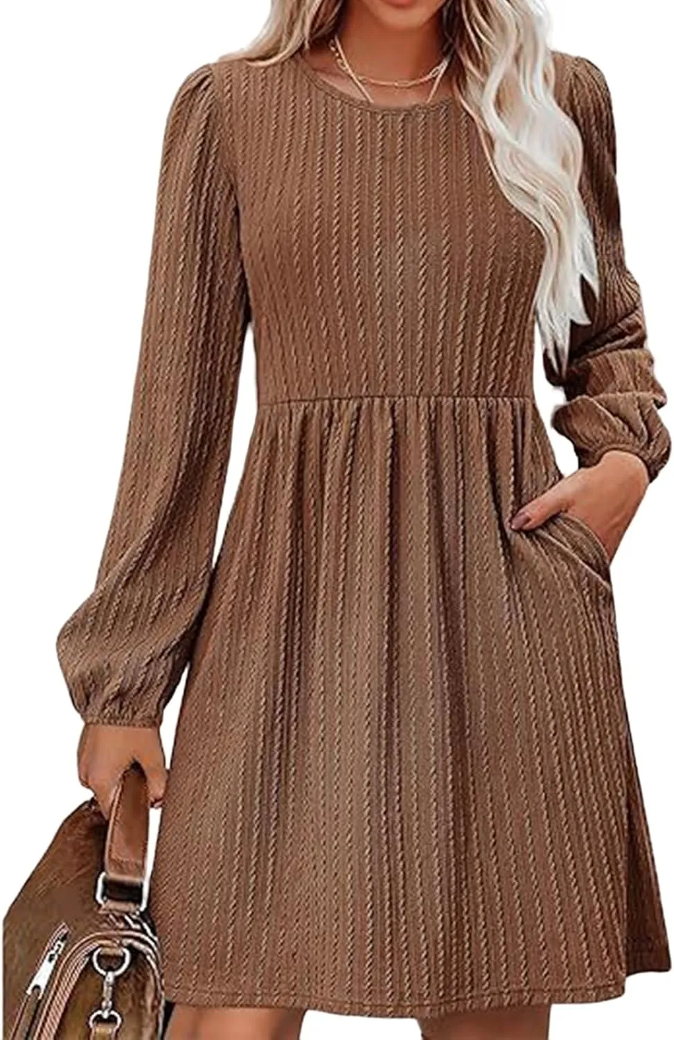 Womens Long Sleeve Knit Sweater Dress Casual Fall Winter Crewneck Mini Dresses A-Line Knee Length Dress
