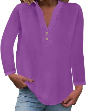 Womens Long Sleeve Tops V Neck Half Button Front Shirts Solid Loose Fit Casual Dressy Work Tunic Womens Summer Tops
