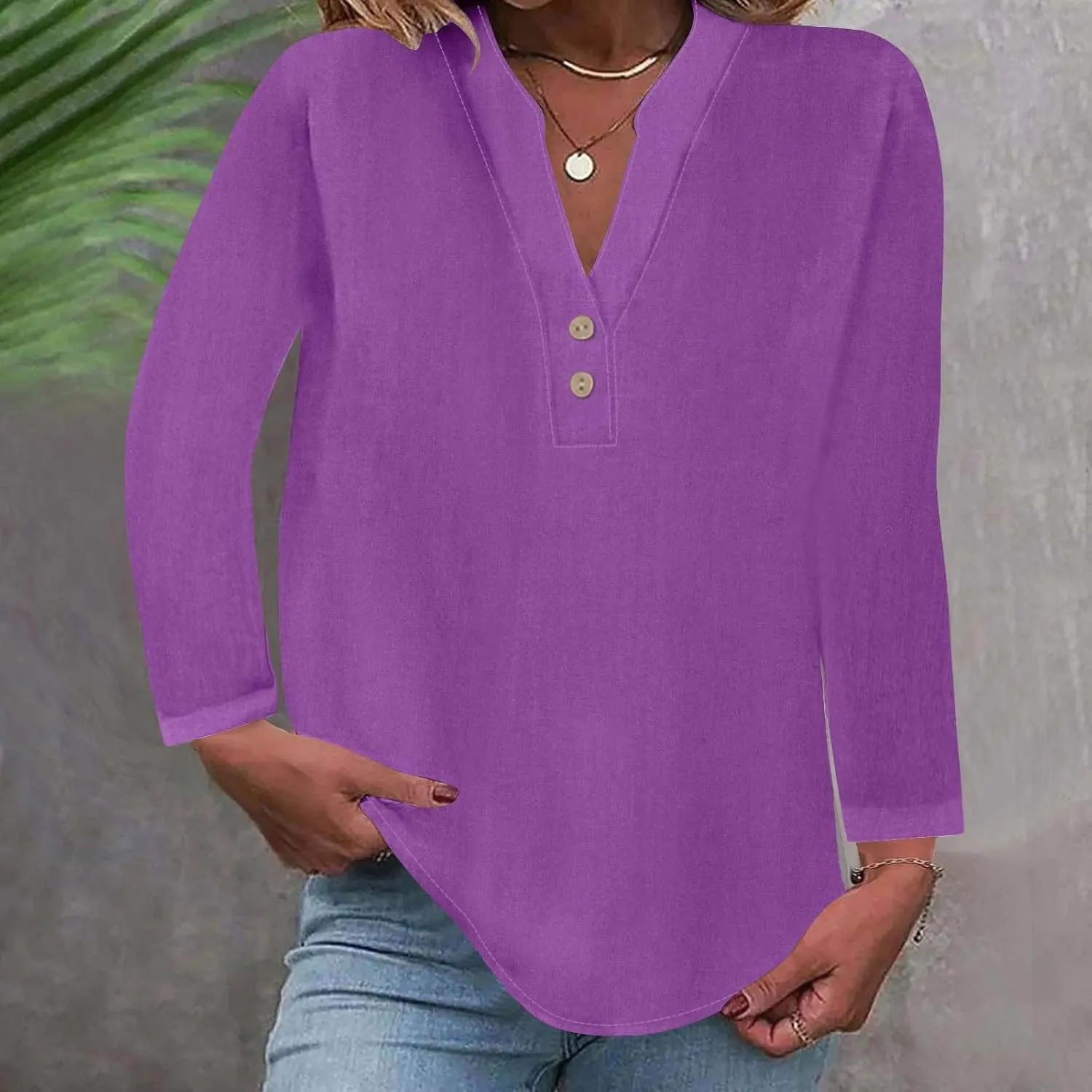 Womens Long Sleeve Tops V Neck Half Button Front Shirts Solid Loose Fit Casual Dressy Work Tunic Womens Summer Tops