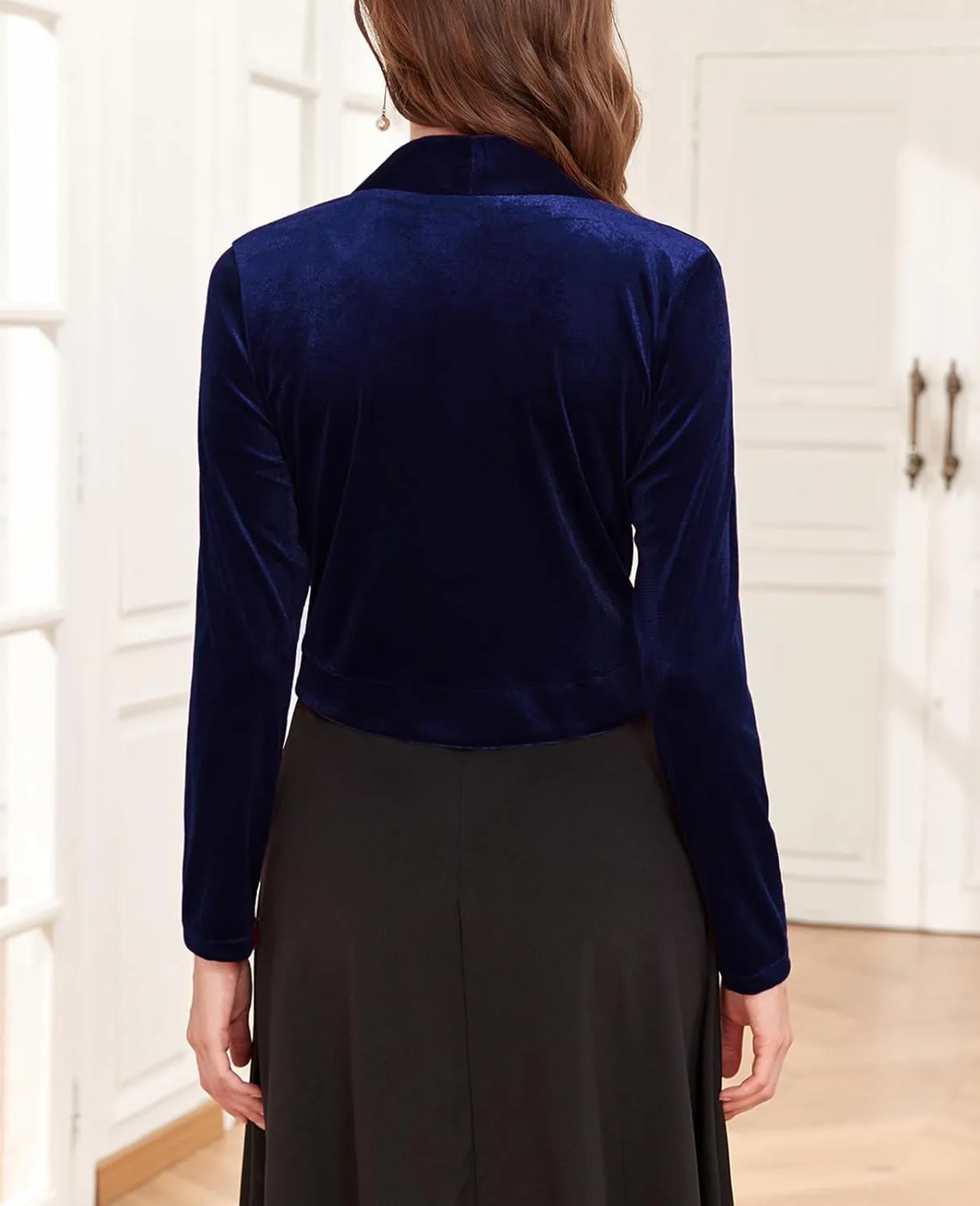 Women's Long Sleeve Velvet Shrug for Dresses Cocktail Party Open Front Cropped Bolero Cardigan Top