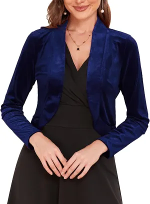 Women's Long Sleeve Velvet Shrug for Dresses Cocktail Party Open Front Cropped Bolero Cardigan Top