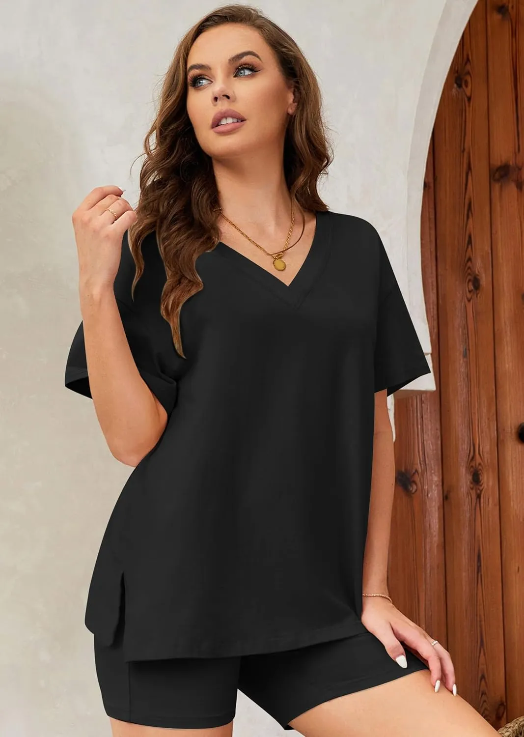 Womens Lounge Sets Cotton Pajamas Oversized Reversible TShirts Biker Shorts 2 Piece Loungewear Casual