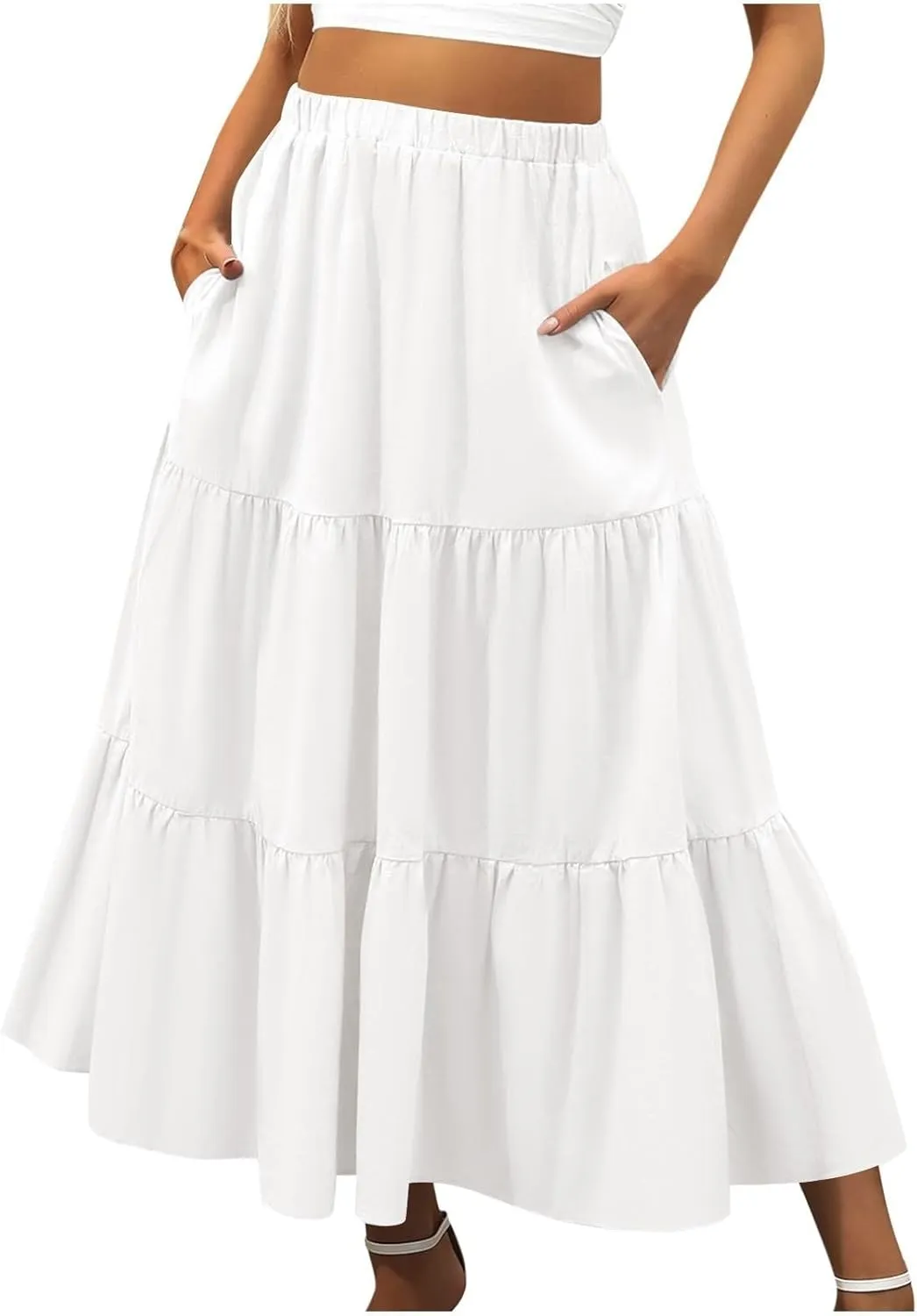 Womens Midi Skirts Summer Casual Flowy A-Line Elastic High Waist Tiered Ruffle Pleated Swing Boho Long Skirt Dress