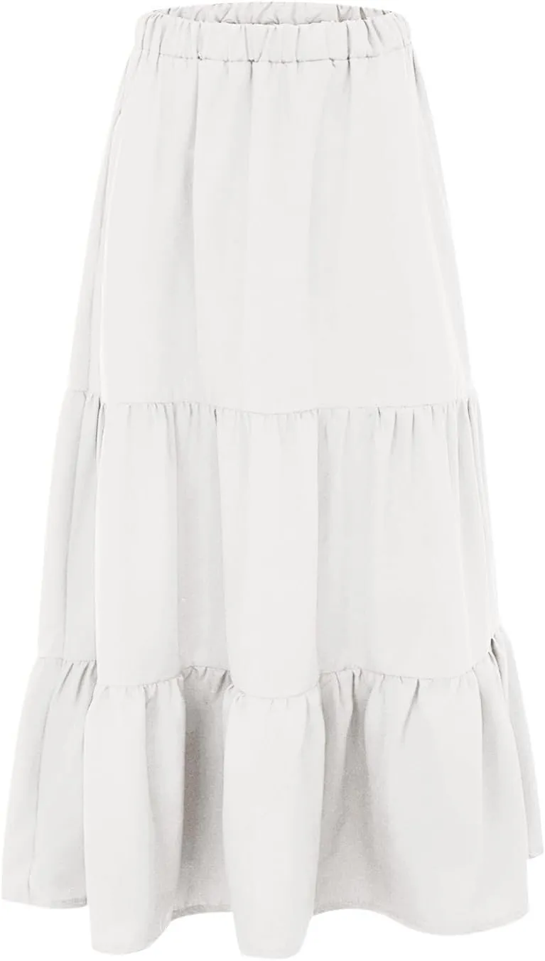 Womens Midi Skirts Summer Casual Flowy A-Line Elastic High Waist Tiered Ruffle Pleated Swing Boho Long Skirt Dress
