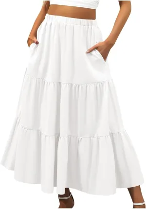 Womens Midi Skirts Summer Casual Flowy A-Line Elastic High Waist Tiered Ruffle Pleated Swing Boho Long Skirt Dress