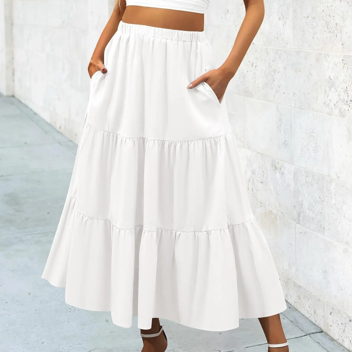 Womens Midi Skirts Summer Casual Flowy A-Line Elastic High Waist Tiered Ruffle Pleated Swing Boho Long Skirt Dress