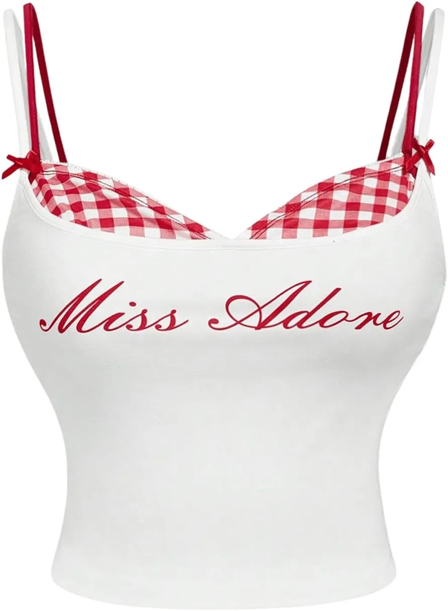 Women's Plus Size Cami Plaid Letter Graphic 2 in 1 Crop Cami Tops Gingham Y2k Slim Fit Camisole Tops Streetwear