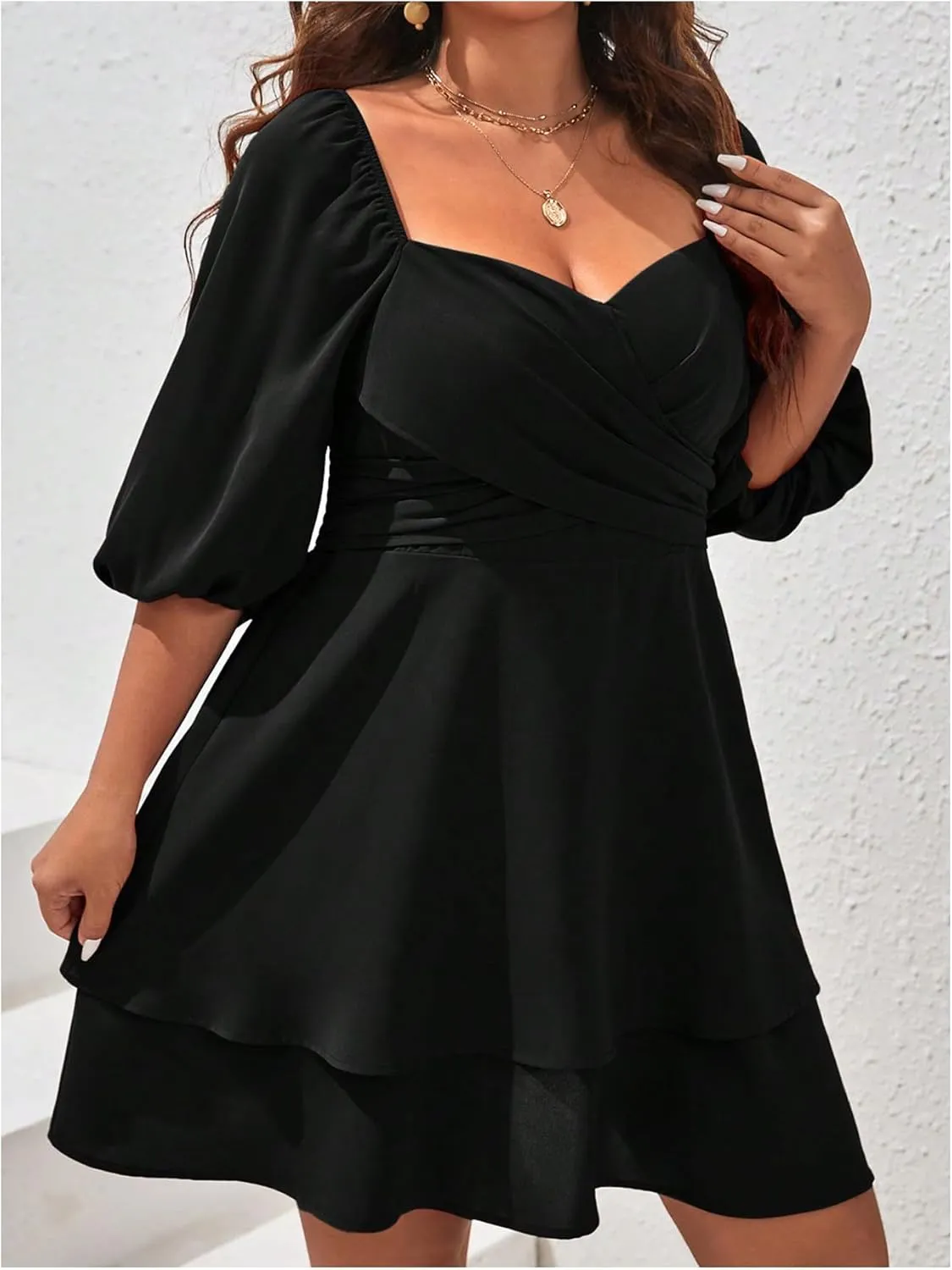 Women's Plus Size Sweetheart Neck Wrap Mini Dress Ruffle Tiered Layer A Line Dresses