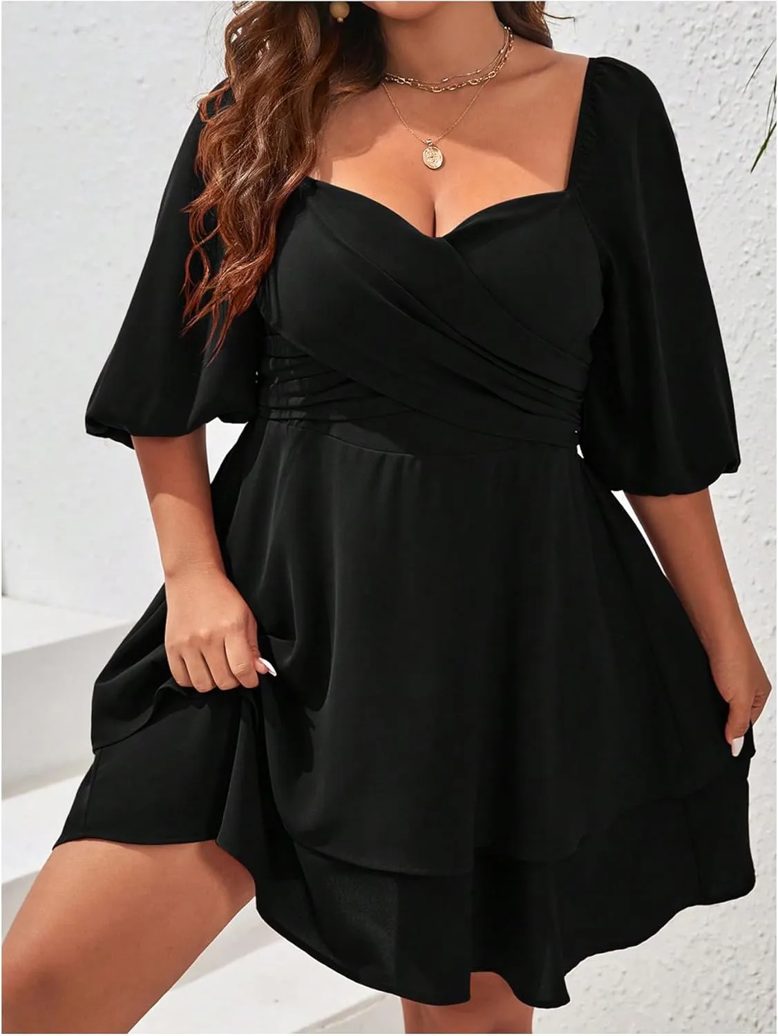 Women's Plus Size Sweetheart Neck Wrap Mini Dress Ruffle Tiered Layer A Line Dresses