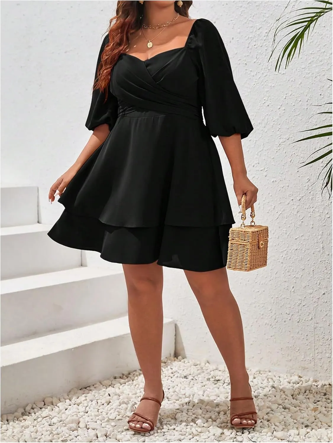 Women's Plus Size Sweetheart Neck Wrap Mini Dress Ruffle Tiered Layer A Line Dresses