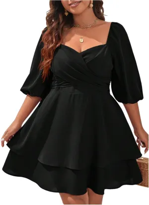 Women's Plus Size Sweetheart Neck Wrap Mini Dress Ruffle Tiered Layer A Line Dresses