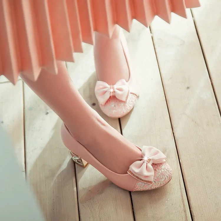 Women's Rhinestone Bowtie Chunky Heel Pumps
